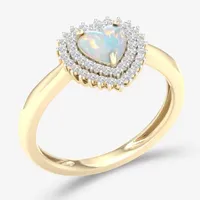 Womens Genuine Opal & 1/5 CT. T.W. Diamond 10K Gold Heart Halo Cocktail Ring