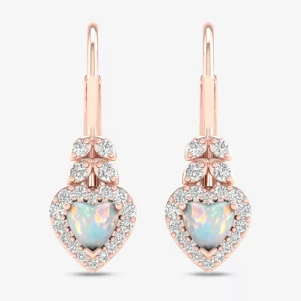 Womens Genuine Opal & 1/3 CT. T.W. Genuine Diamond 10K Gold Heart Drop Earrings