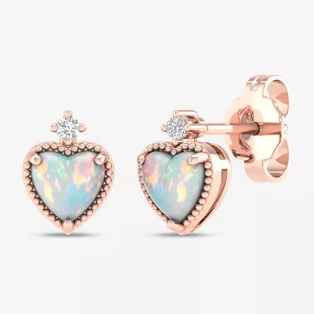 Diamond Accent Genuine Opal 10K Gold 8.4mm Heart Stud Earrings