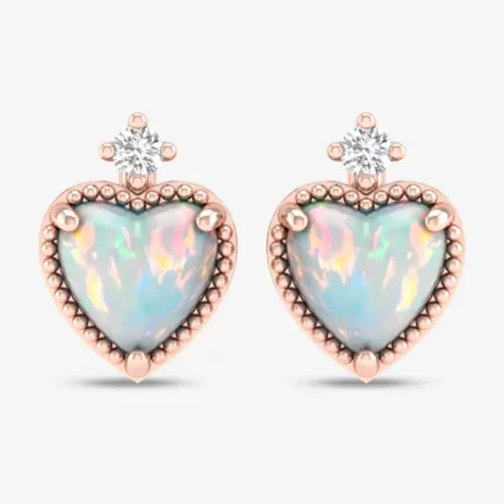Diamond Accent Genuine Opal 10K Gold 8.4mm Heart Stud Earrings