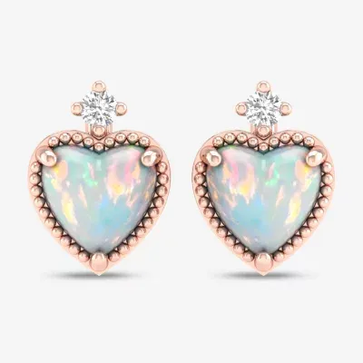 Diamond Accent Genuine Opal 10K Gold 8.4mm Heart Stud Earrings