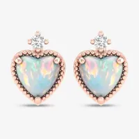 Diamond Accent Genuine Opal 10K Gold 8.4mm Heart Stud Earrings