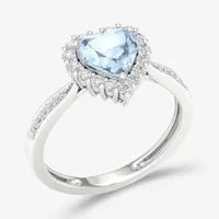 Womens Genuine Blue Aquamarine Sterling Silver Heart Cocktail Ring