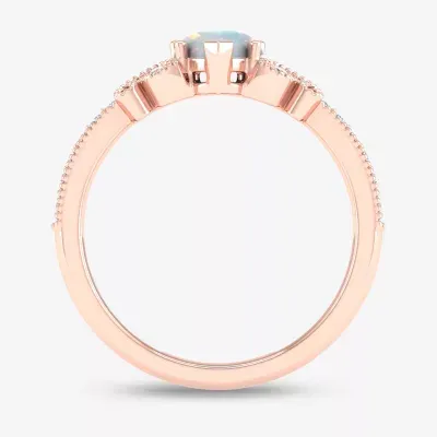 Womens Genuine White Opal & 1/6 CT. T.W. Diamond 10K Gold Heart Cocktail Ring