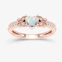 Womens Genuine White Opal & 1/ CT. T.W. Diamond 10K Gold Heart Cocktail Ring