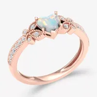 Womens Genuine White Opal & 1/ CT. T.W. Diamond 10K Gold Heart Cocktail Ring