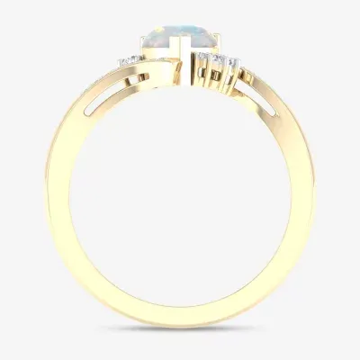 Womens Genuine White Opal 10K Gold Heart Cocktail Ring