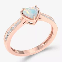 Womens Genuine White Opal & 1/ CT. T.W. Diamond 10K Gold Heart Cocktail Ring