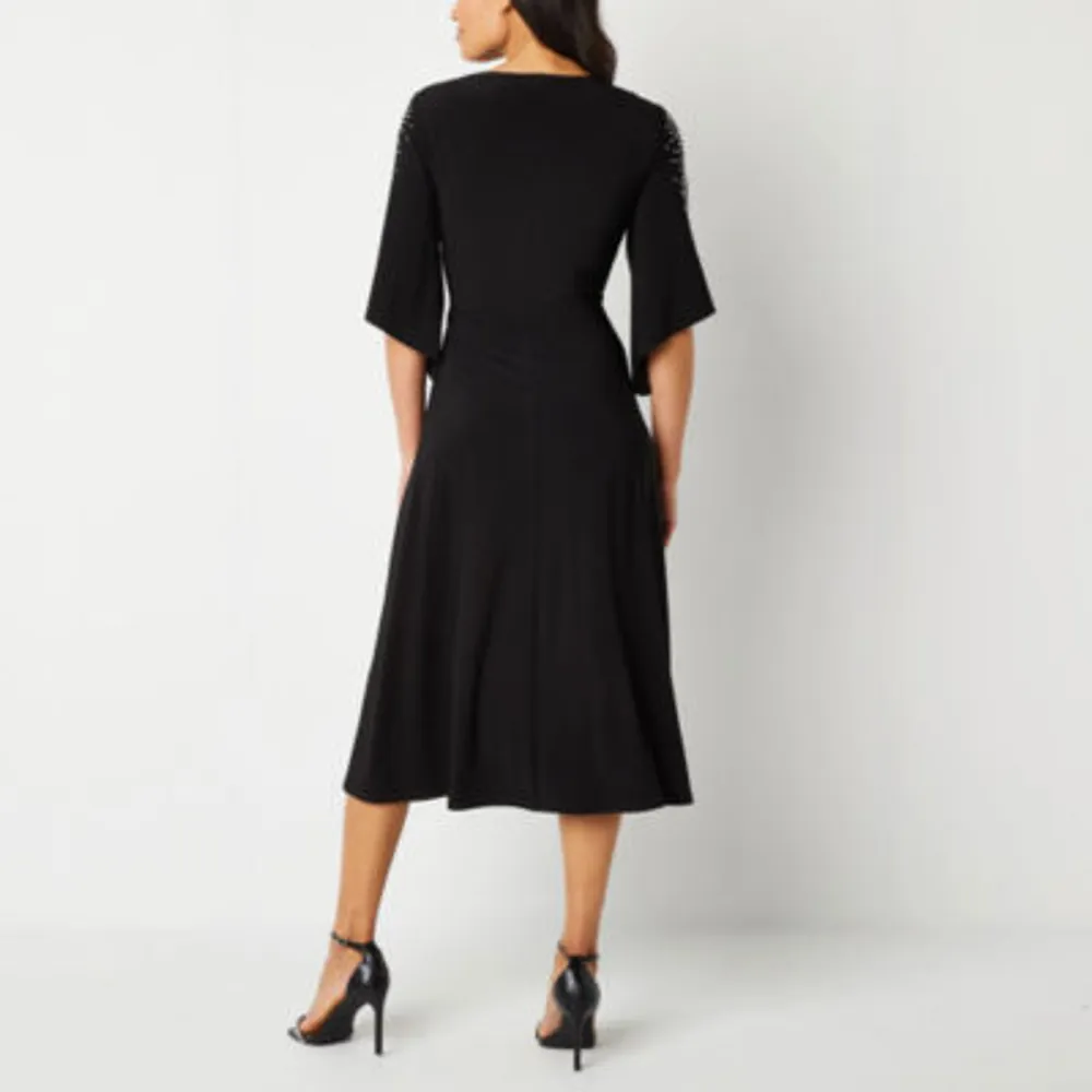 MSK 3/4 Beaded Sleeve Midi Fit + Flare Dresses
