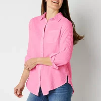 St. John's Bay Womens Long Sleeve Regular Fit Button-Down Shirt