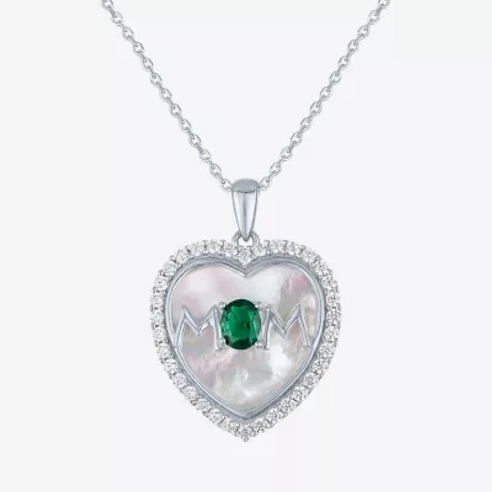 "Mom" Womens Lab Created Green Emerald Sterling Silver Heart Pendant Necklace