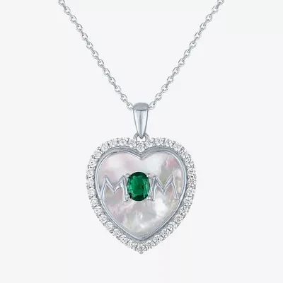 "Mom" Womens Lab Created Green Emerald Sterling Silver Heart Pendant Necklace