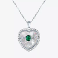 "Mom" Womens Lab Created Green Emerald Sterling Silver Heart Pendant Necklace