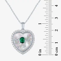 "Mom" Womens Lab Created Green Emerald Sterling Silver Heart Pendant Necklace