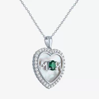 "Mom" Womens Lab Created Green Emerald Sterling Silver Heart Pendant Necklace