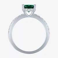 Womens Lab Created Green Emerald Sterling Silver Oval Side Stone Cocktail Ring