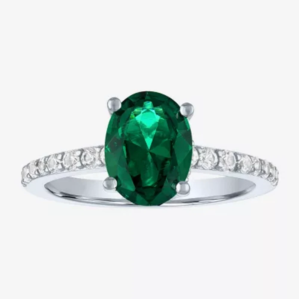 Womens Lab Created Green Emerald Sterling Silver Oval Side Stone Cocktail Ring