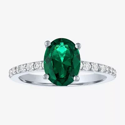 Womens Lab Created Green Emerald Sterling Silver Oval Side Stone Cocktail Ring