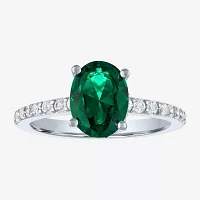 Womens Lab Created Green Emerald Sterling Silver Oval Side Stone Cocktail Ring