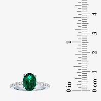 Womens Lab Created Green Emerald Sterling Silver Oval Side Stone Cocktail Ring