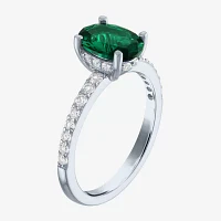Womens Lab Created Green Emerald Sterling Silver Oval Side Stone Cocktail Ring