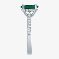 Womens Lab Created Green Emerald Sterling Silver Oval Side Stone Cocktail Ring