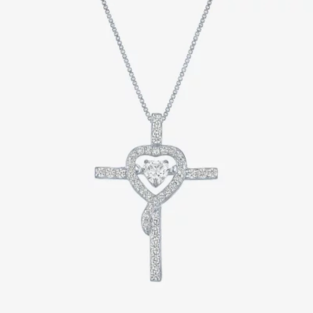 Womens Lab Created White Sapphire Sterling Silver Cross Heart Pendant Necklace