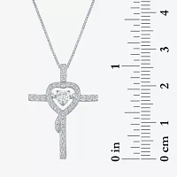 Womens Lab Created White Sapphire Sterling Silver Cross Heart Pendant Necklace