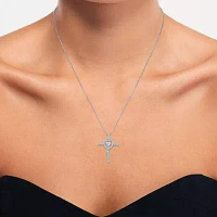 Womens Lab Created White Sapphire Sterling Silver Cross Heart Pendant Necklace