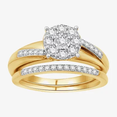 (H-I / I1) Womens 1/2 CT. T.W. Lab Grown White Diamond 14K Gold Over Silver Side Stone Bridal Set