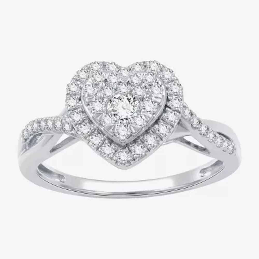 (H-I / I1) Womens 1/2 CT. T.W. Lab Grown White Diamond Sterling Silver Heart Side Stone Crossover Engagement Ring