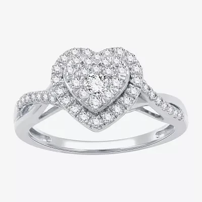 (H-I / I1) Womens 1/2 CT. T.W. Lab Grown White Diamond Sterling Silver Heart Side Stone Crossover Engagement Ring