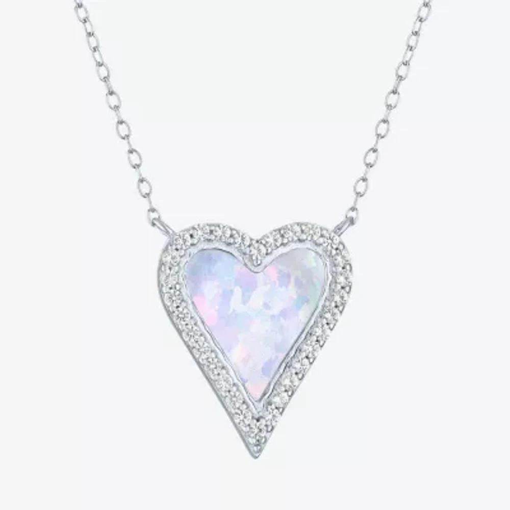 Womens Lab Created White Opal Sterling Silver Heart Pendant Necklace