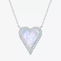 Womens Lab Created White Opal Sterling Silver Heart Pendant Necklace