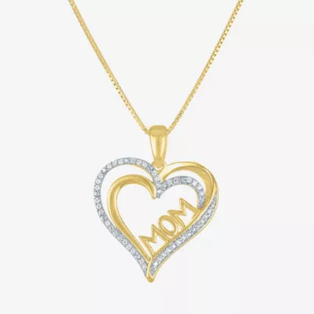 Mom" Womens 1/10 CT. T.W. Natural White Diamond 14K Gold Over Silver Heart Pendant Necklace