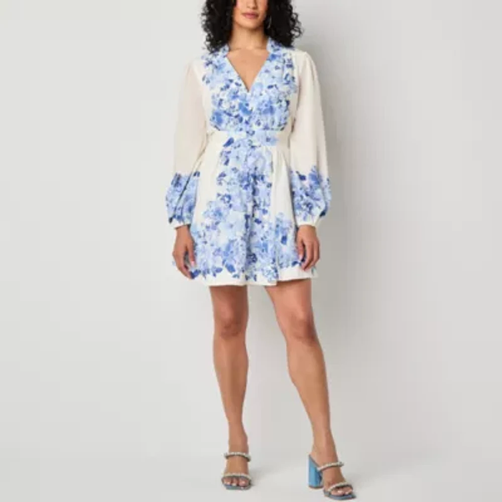 Premier Amour Womens Long Sleeve Floral Fit + Flare Dress