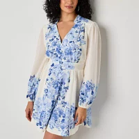 Premier Amour Womens Long Sleeve Floral Fit + Flare Dress