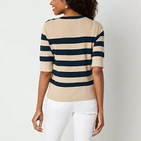 Liz Claiborne Womens Crew Neck Elbow Sleeve Striped Pullover Sweater