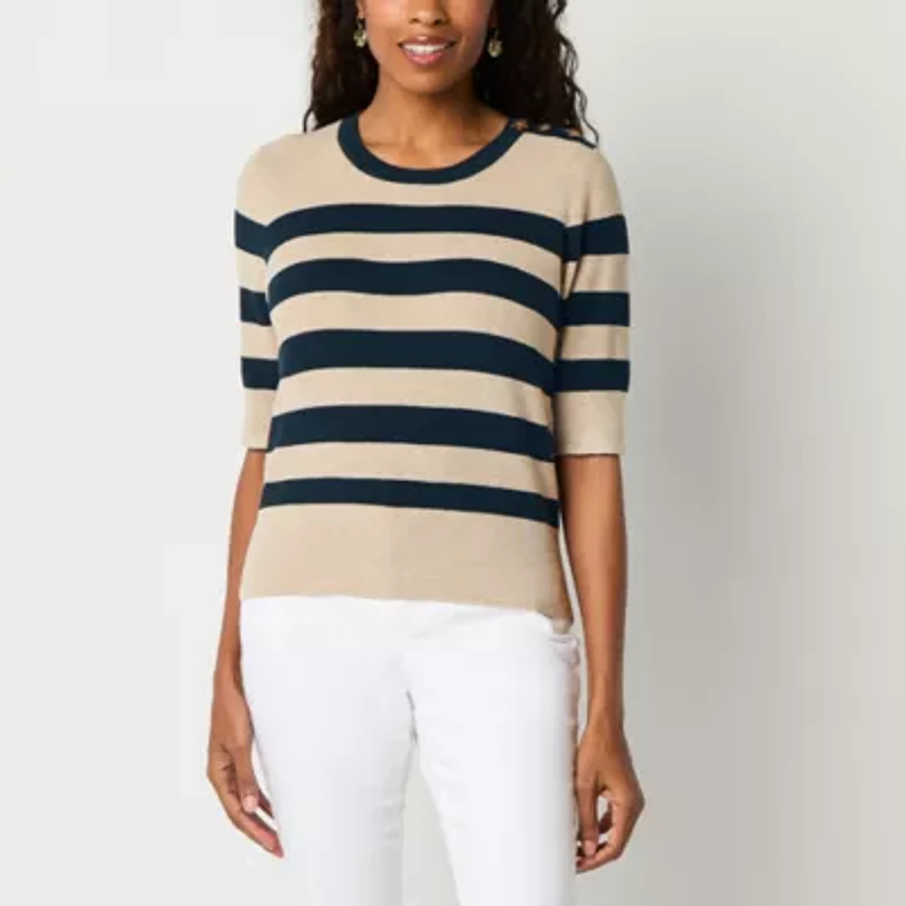 Liz Claiborne Womens Crew Neck Elbow Sleeve Striped Pullover Sweater