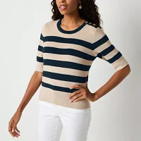 Liz Claiborne Womens Crew Neck Elbow Sleeve Striped Pullover Sweater