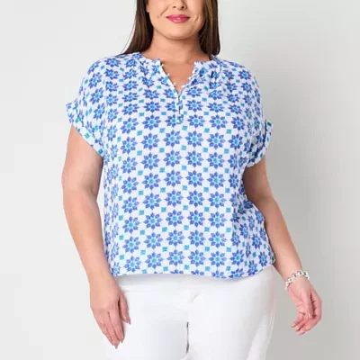 St. John's Bay Plus Womens Round Neck Short Sleeve Blouse
