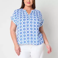 St. John's Bay Plus Womens Round Neck Short Sleeve Blouse