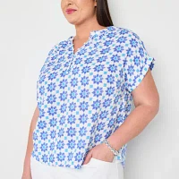 St. John's Bay Plus Womens Round Neck Short Sleeve Blouse