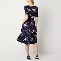 Jessica Howard Womens Elbow Sleeve Floral Midi Fit + Flare Dress
