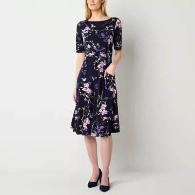 Jessica Howard Womens Elbow Sleeve Floral Midi Fit + Flare Dress
