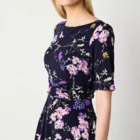 Jessica Howard Womens Elbow Sleeve Floral Midi Fit + Flare Dress
