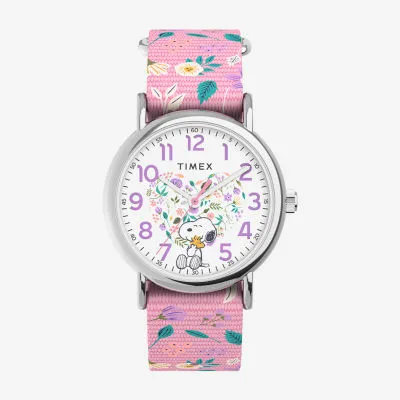 Timex Weekender 38mm Watch - Pink Strap  White Dial Silver-Tone Case Peanuts Womens Multicolor Strap Watch Tw2v77800jt