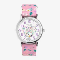 Timex Weekender 38mm Watch - Pink Strap  White Dial Silver-Tone Case Peanuts Womens Multicolor Strap Watch Tw2v77800jt