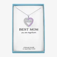 "Mom" Womens Lab Created Pink Sapphire Sterling Silver Heart Pendant Necklace