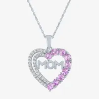 "Mom" Womens Lab Created Pink Sapphire Sterling Silver Heart Pendant Necklace